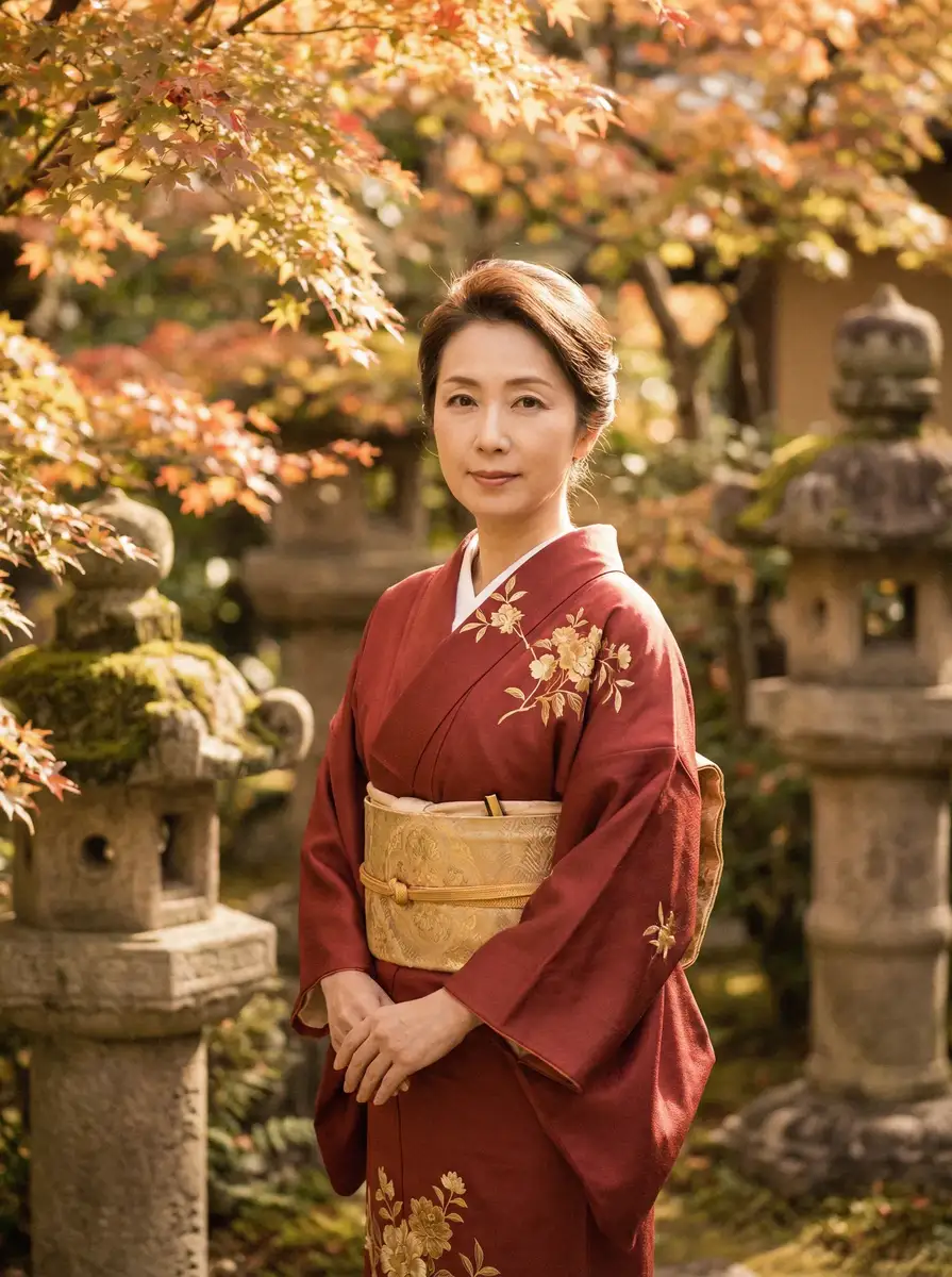一位身穿暗红色和服的优雅 91免费版 在日式庭院中